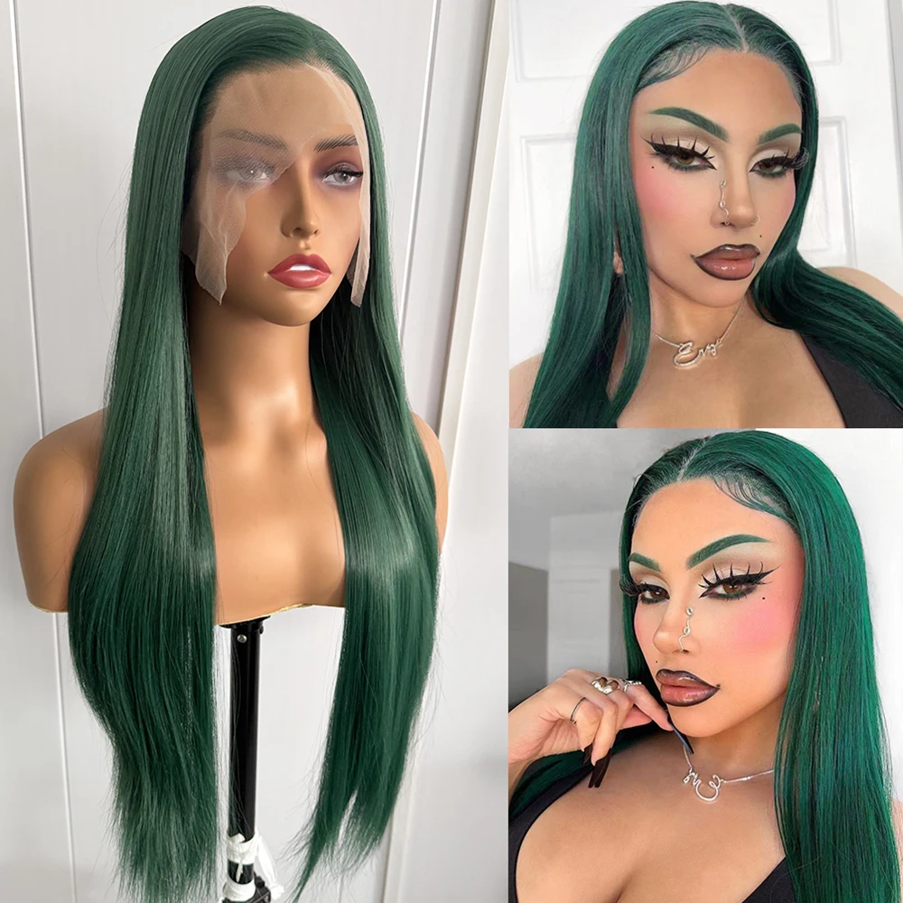 AIMEYA Dark Green Lace Front Wig 13x4 Long Silky Straight Synthetic Daily Wear Cosplay Wig Natural Hairline Heat Resistant Fiber