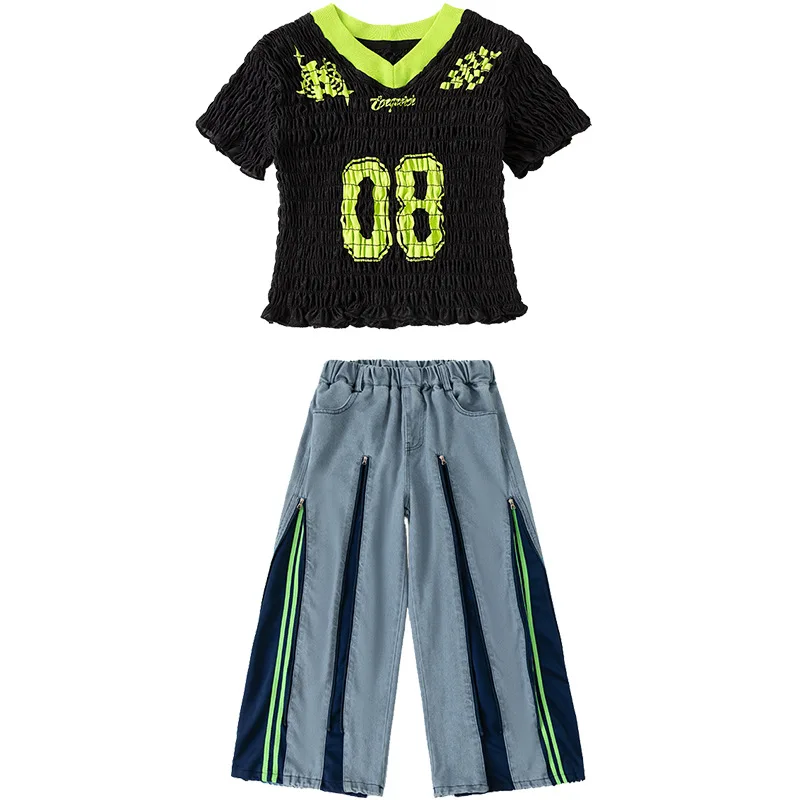 طفل Kpop الهيب هوب الملابس السوداء التجاعيد المحاصيل تي شيرت الدنيم الأزرق الشارع البريدي الجينز بنطال ذو قصة أرجل واسعة لفتاة أزياء رقص الملابس