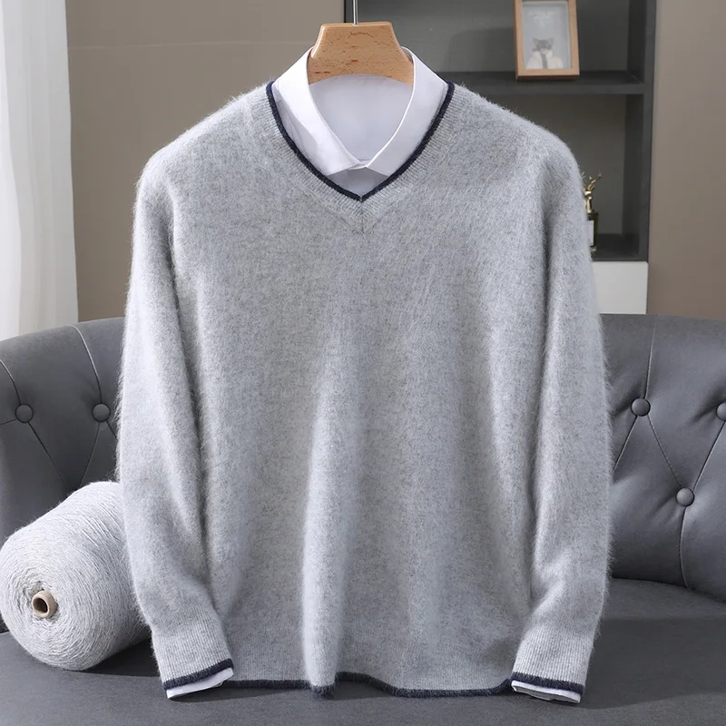 جديد الخريف/الشتاء سترة صوفية للرجال 100% المنك الكشمير الخامس الرقبة البلوز سترة ، فضفاض المتضخم محبوك قاعدة ، سترة دافئة