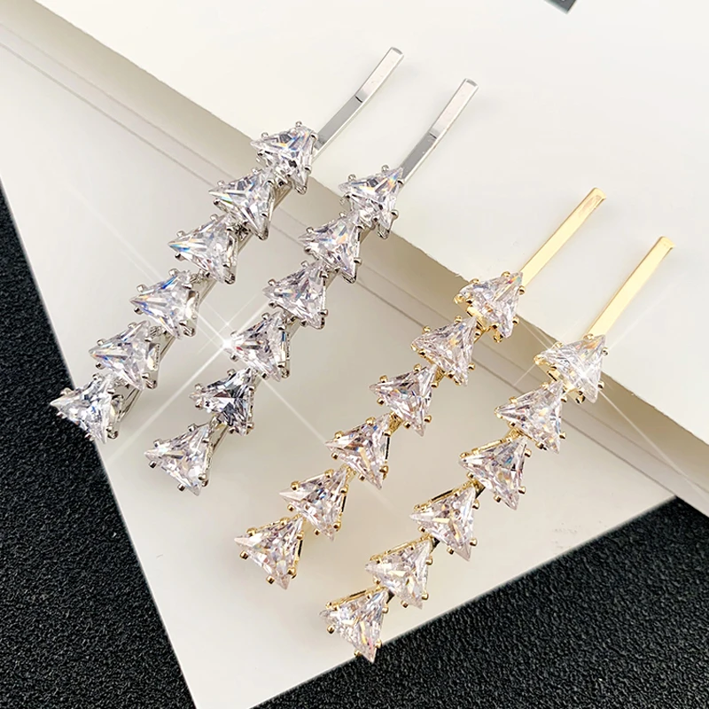 Vogue 2 Pieces Pair Hair Pin for Women Girls Gold Plating Hair Clip Triangle Zircon Shining Hairgirps Barrette Hair Accessory