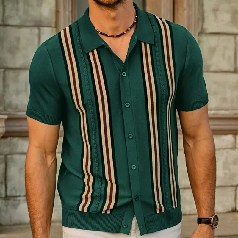 Men's Short Sleeve Polo Shirt Knitwear Green Color Tops for Man Clothing Trend 2024 Chic Stripe Color Blocking Slim Fit Summer