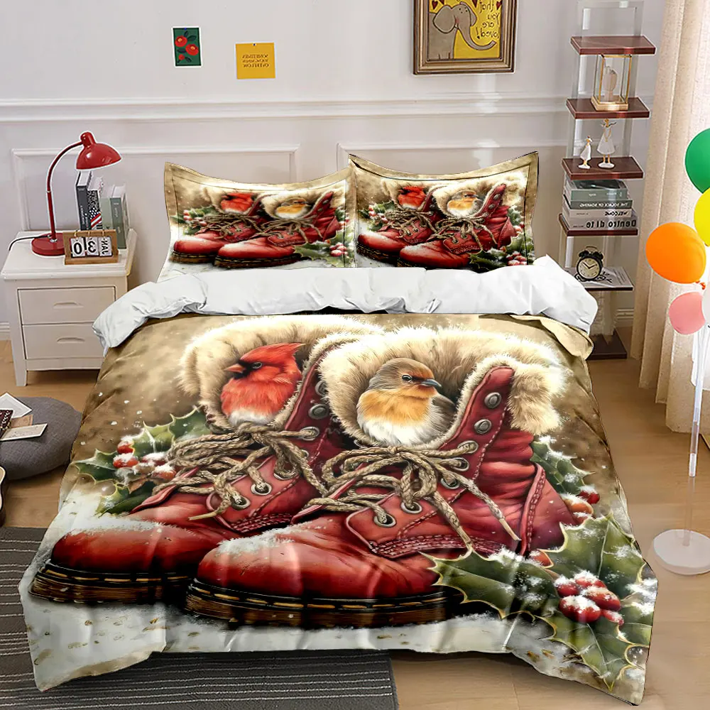 Birds in Red Boots Amid Winter Snow Print Duvet Cover Bedding Set Included 1*Duvet Cover 2*Pillowcases Luxury gifts