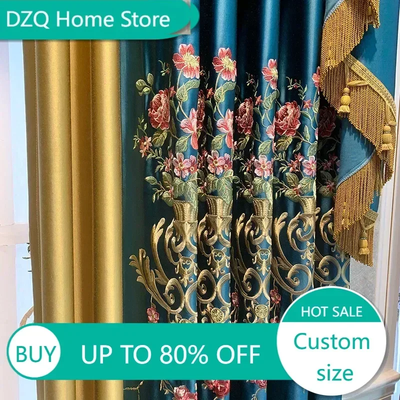 

Luxurious Blue Embroidered Curtains Spliced Gold Decorative Fabric For Living Room Bedroom High Quality Valance Curtains
