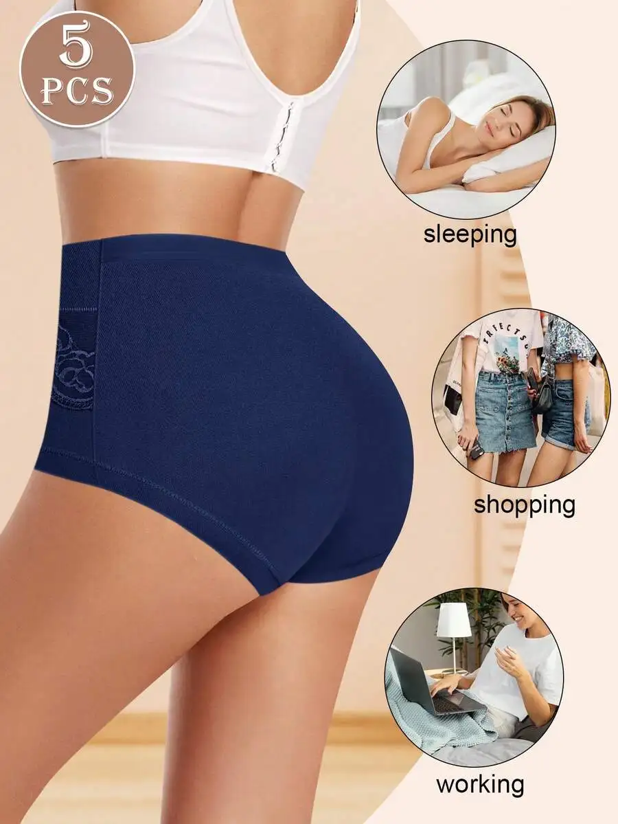 

5 Pcs High Waist Womens Briefs With Rose Embroidery Mesh Design Breathable Comfortable