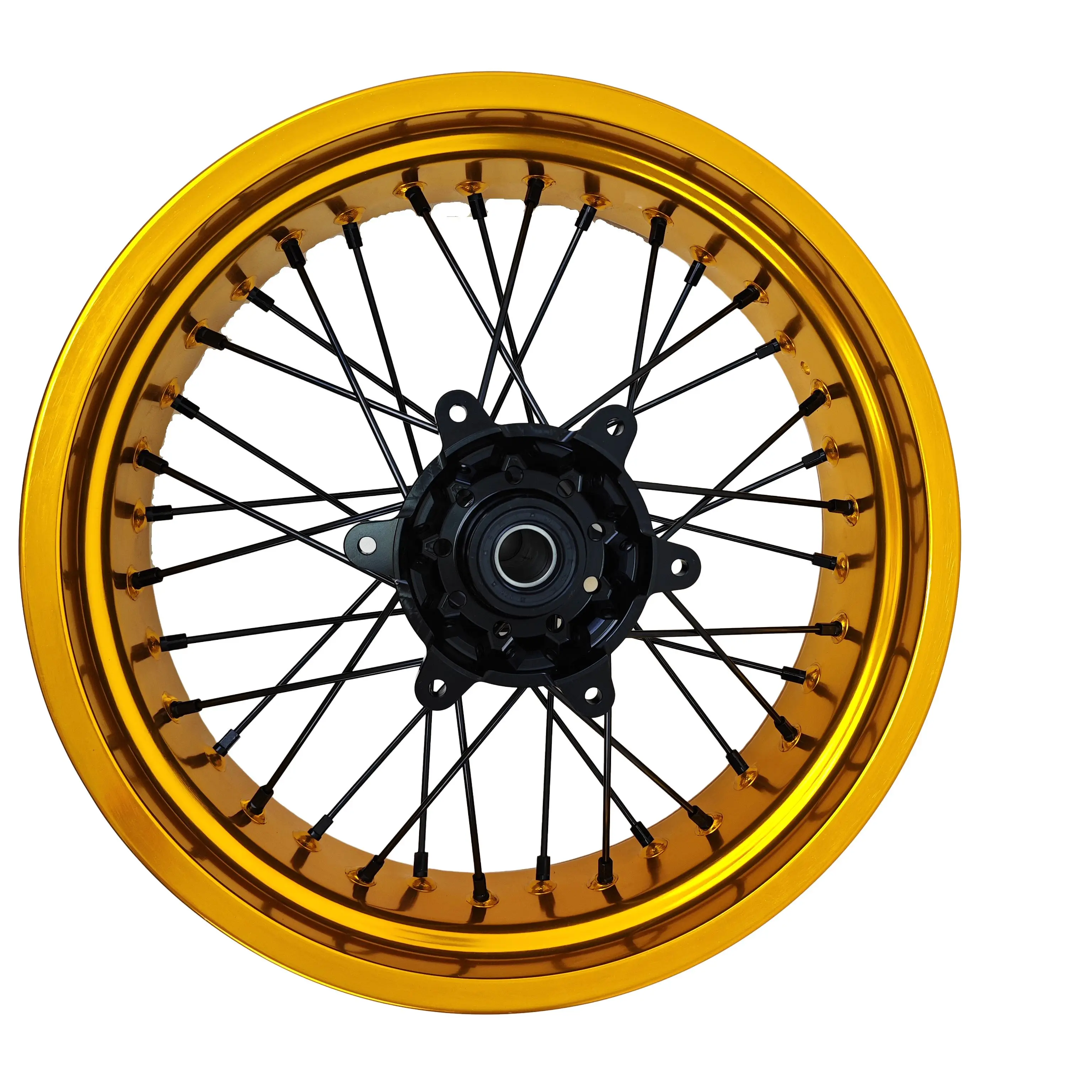 Professionally Made Supermoto Wheels Set Fit [Model] 7116 Aluminum Alloy Customized Color Logo Black Rim Gold Hub