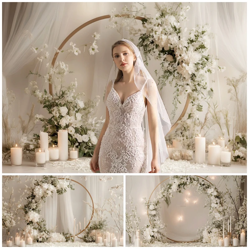Elegant Wedding Arch Photo Backdrops White Floral Candles Sheer Drapes Romantic Minimalist Photography Decorations Backgrounds