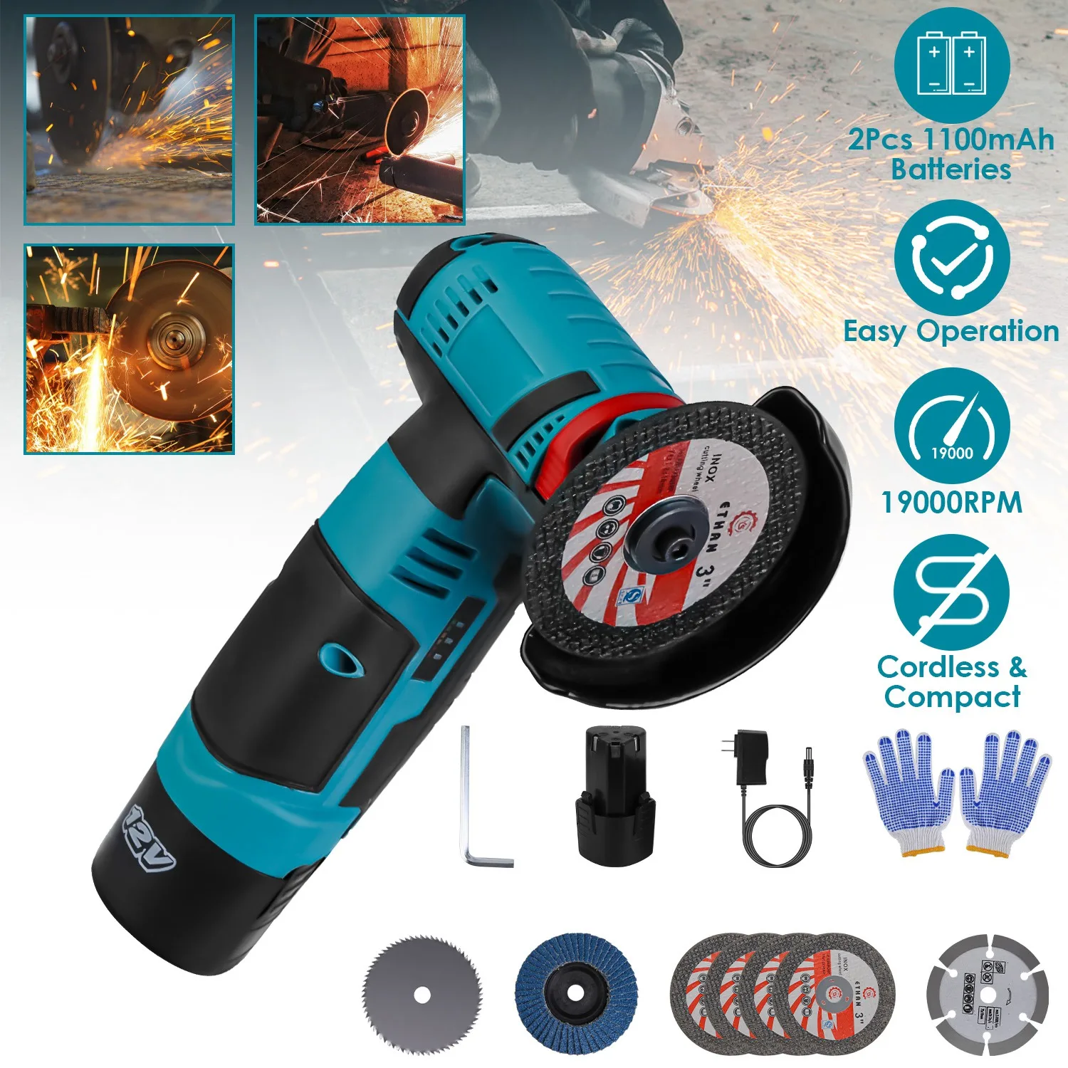 

Cordless Mini Angle Grinder 1100mAh Batteries