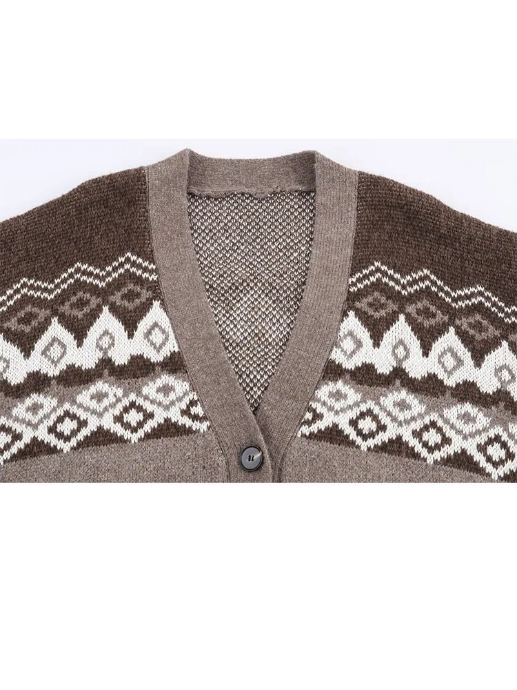 เสื้อโค้ทถักลายแจ็คการ์ด แขนยาว คอวี ติดกระดุมแถวเดียว สไตล์ลำลองสำหรับผู้หญิง แฟชั่นฤดูหนาว แนวสตรีท สไตล์อ่อนหวาน