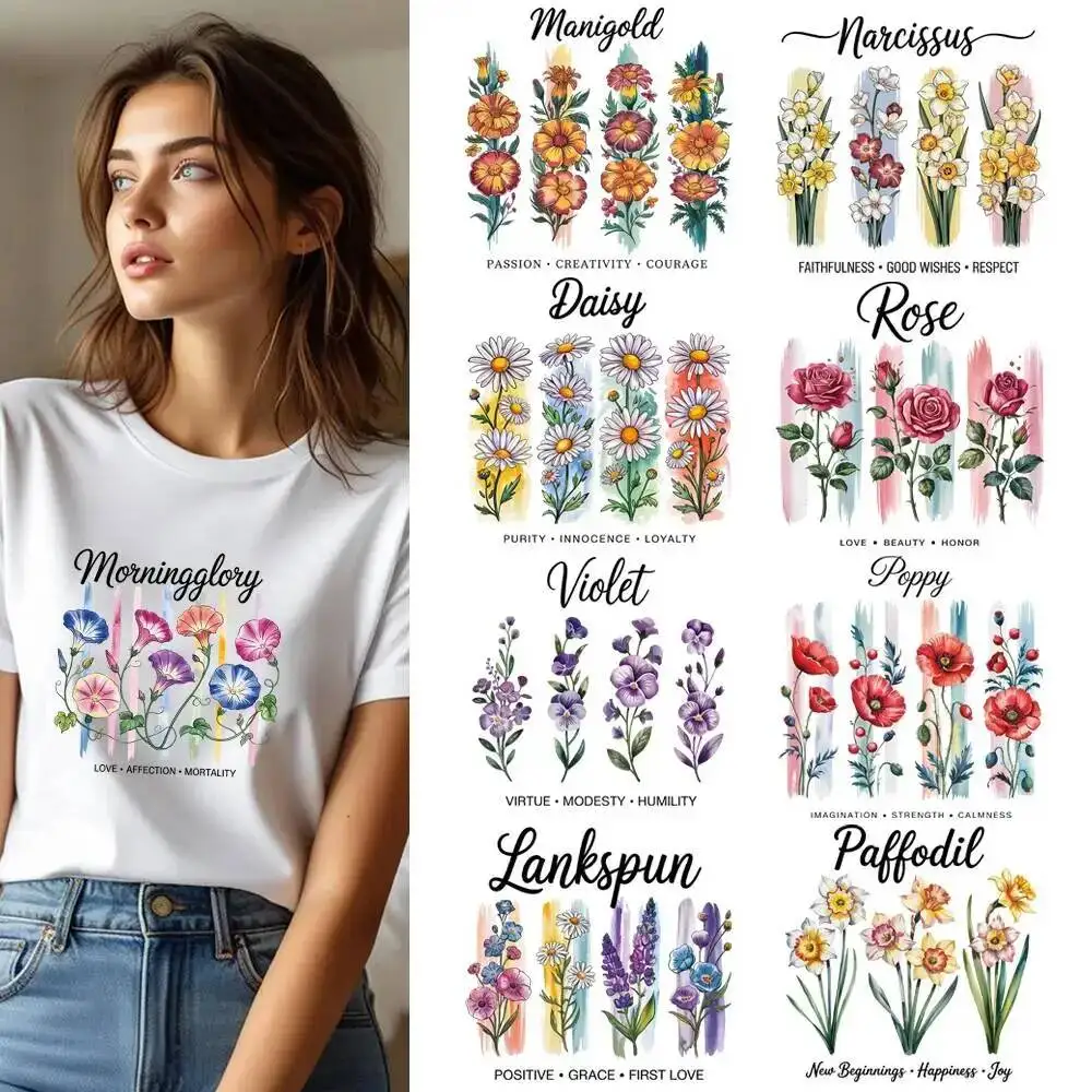 Cartoon Rose Daisy Violet Flower Transfer Patches For Clothes Applqiues DIY A-Level Washable T-shirts Iron-on Thermal Stickers