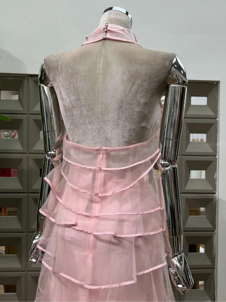 DFDG Vestido feminino elegante halter sem costas em camadas, vestido fluido de praia para convidados de casamento, resort de férias com babados, primavera verão 2025