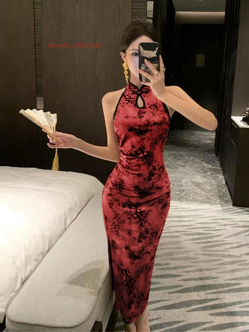 

2026 chinese sexy qipao flower print improved velvet cheongsam party evening dress traditional nightclub banquet qipao dress