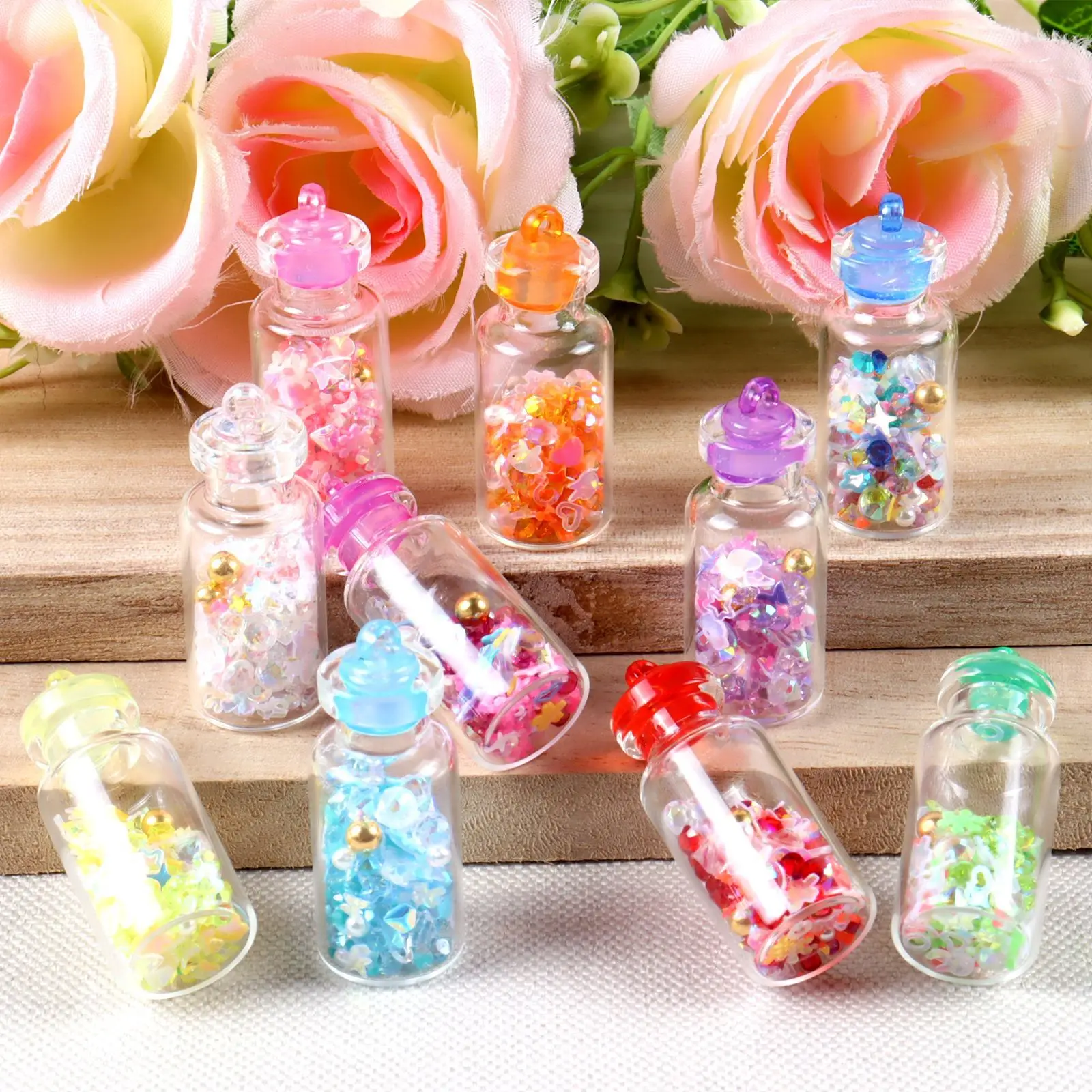 5pcs Mini Glass Bottle Rhinestone Drift Bottle Glass Pendant Keychain Charm Cute Crystal Miniature Doll Accessories DIY Craft