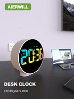 Aierwill N16 Round Alarm Clock with Snooze Calendar 12/24H Week Digital LED Tables Clock for Bedrooms Bedside Desk Shelf