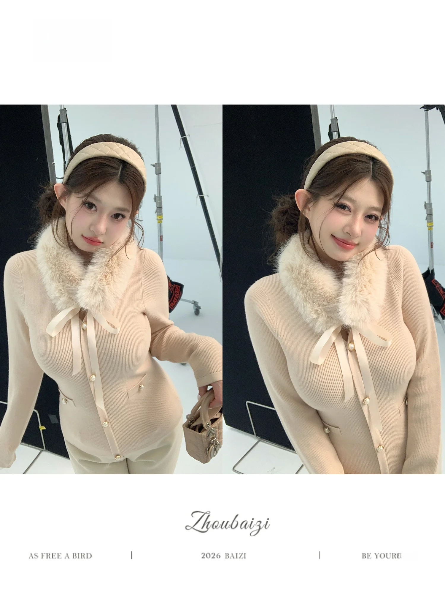 

Zhou Bai Zi Special Edition Watermelon Pink Color Knitted Sweater Detachable Fur Collar Small Aochan Wool Knit Top Women's Fa...