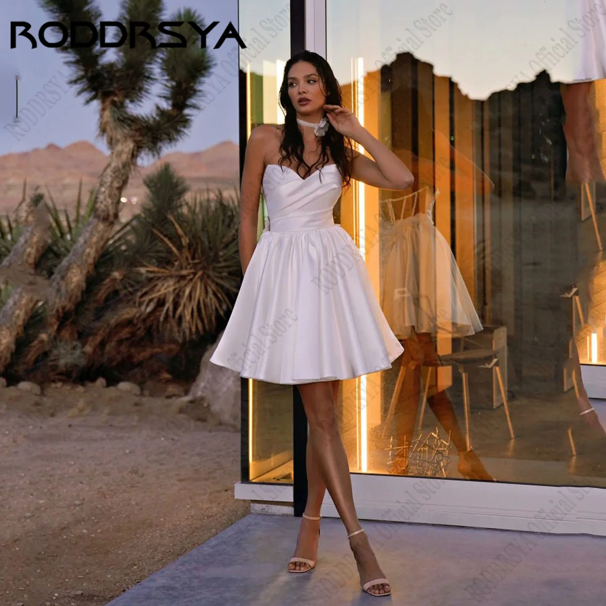 RODDRSYA-vestidos de novia cortos sin tirantes, traje de satén con Espalda descubierta, sencillo, sin mangas, con botones en la espalda, Vestido de novia sin tirantes, vestido de boda simple sin mangas en forma de a co