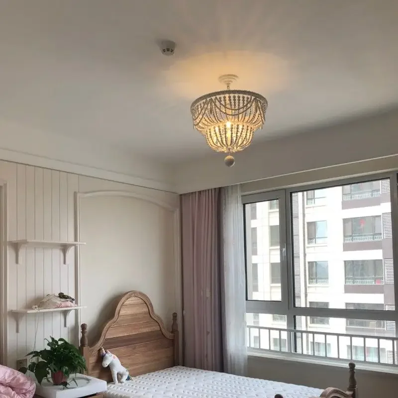 

French Vintage Bedroom Chandelier Wood Beads Bohemian Style Cream Princess Kids Room Lighting