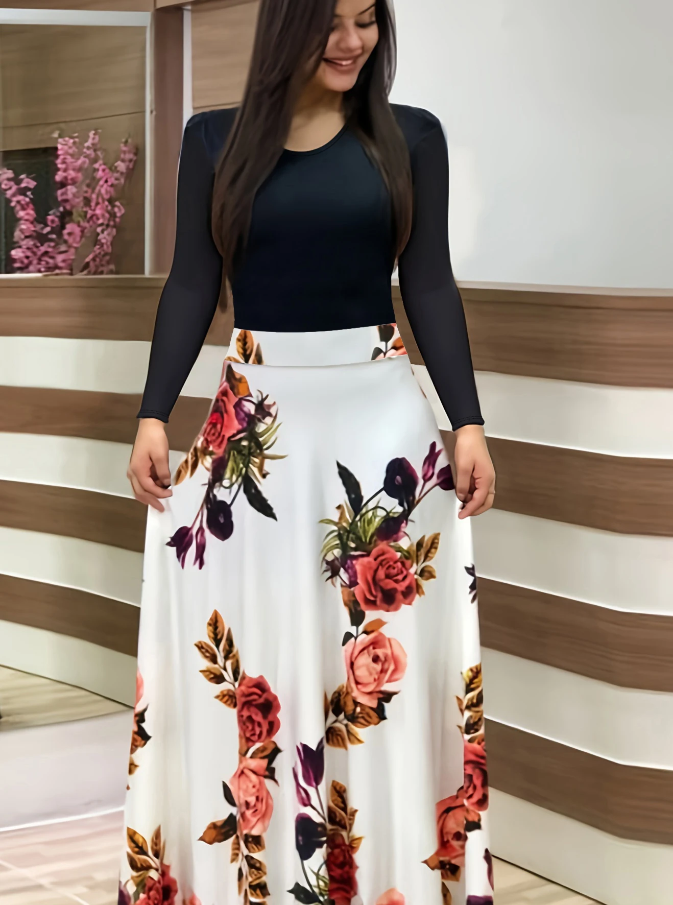 

Женское платье больших размеров с цветочным принтом, элегантное платье с круглым вырезом и длинными рукавами