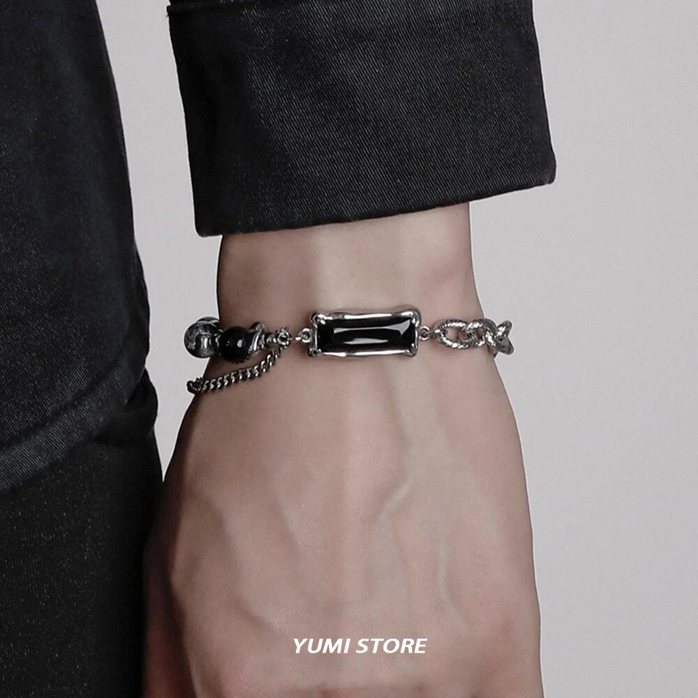 Retro Obsidian Cat Eye Stone Splicing Bracelet For Man Woman Hip Hop Titanium Steel Non Fading Luxury Couple Jewelry Kpop Gift