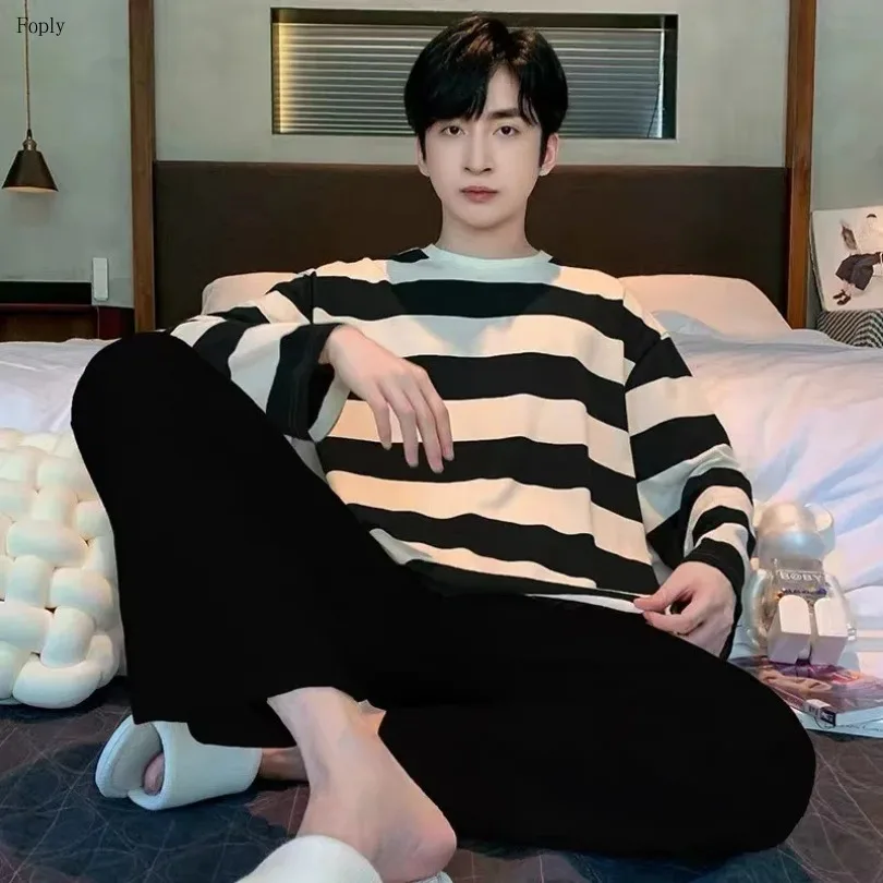 

Men Pajamas Set Striped Plus Size Summer Long Sleeve Casual Sports Loose Black Round Neck T-Shirt and Long Pants Two-Piece Set
