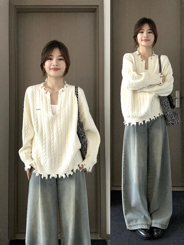 

Женский вязаный свитер с V-Ne, осень-зима, мягкая уютная футболка, корейский универсальный свободный крой, длинный топ све Crew Ne