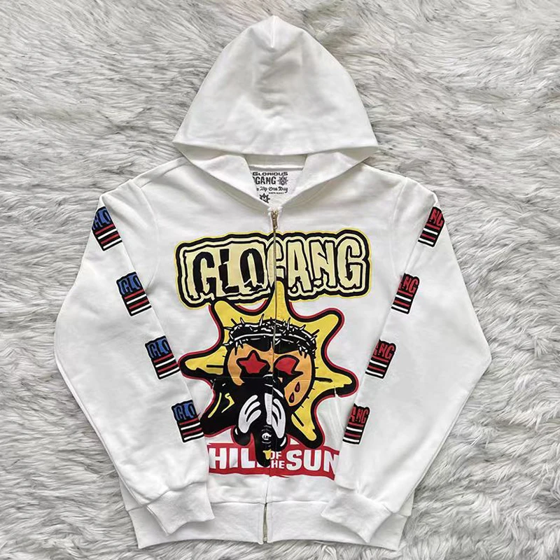 

Glo Gang The Glory Cartoon Print Hoodie Autumn Street Hip Hop Casual Comfortable All-match Pockets Zipper Sweatshirts Hoody