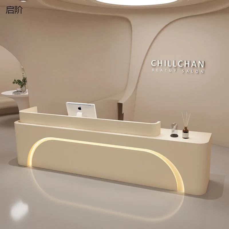 

Customized Modern Exquisite MDF+Baking Paint Reception Desk Glossy Front Counter for Beauty Salon Hotel/ Supermarket for Mall