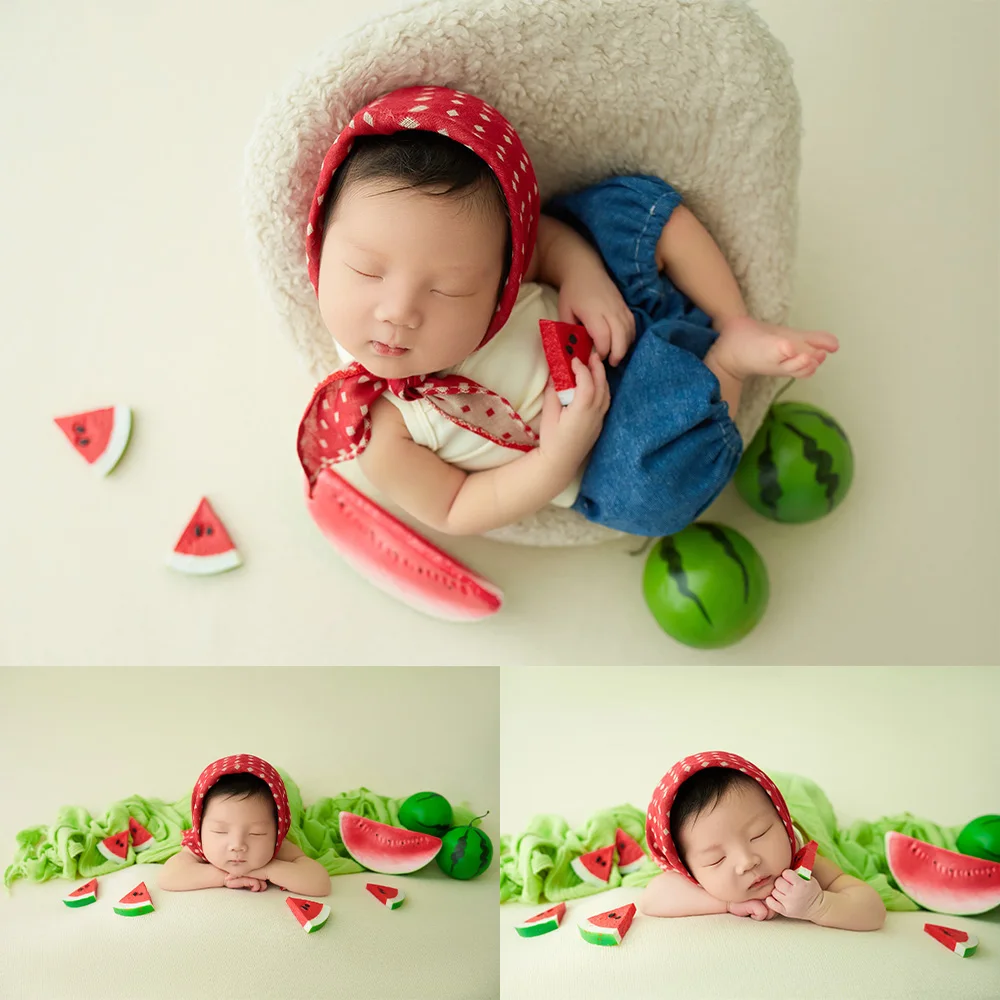 Newborn Girl Photography Outfits Short Sleeve Shorts Hat 3pcs/Set Photo Clothes Studio Summer Watermelon Theme Photoshoot Props