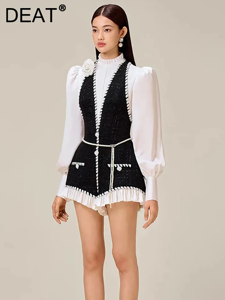 

DEAT Elegant Jumpsuit Lantern Sleeves High Waist Shorts Stand Collar Zip Lace Women's Playsuits 2024 Summer New Fashion 13DB3944