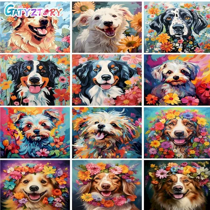 GATYZTORY Acrylic Painting By Numbers Flower Dog Coloring By Numbers Adults Crafts Diy Gift Home Decors Paint Kit For Handiwork