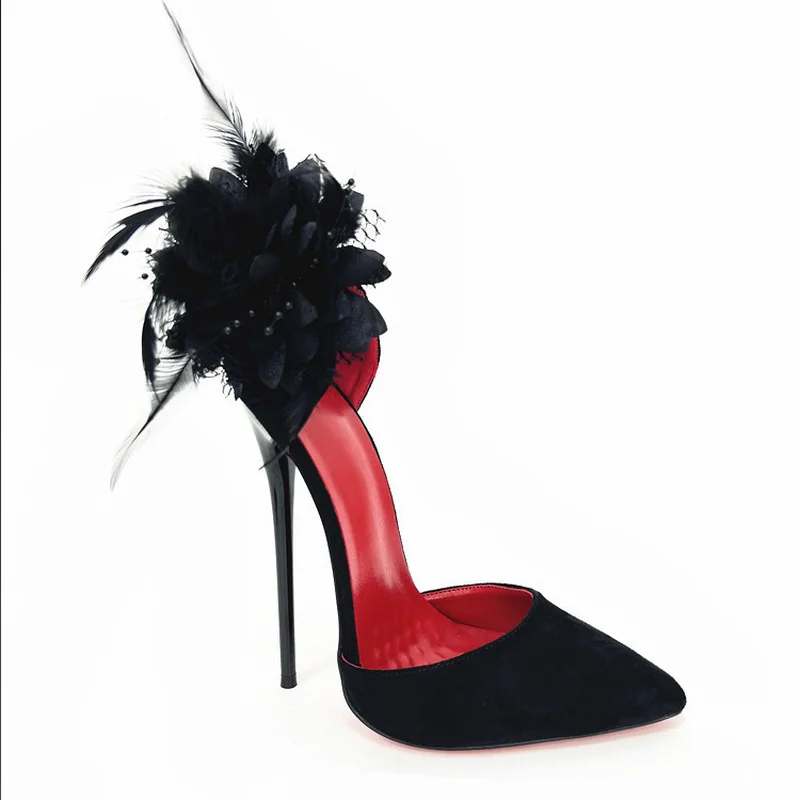 FHC 2024 New Women High Heels,Feather Flower Cross-dressing Cosplay Shoes,Summer Heels,Shallow Out,Black,Red,Customized Colors