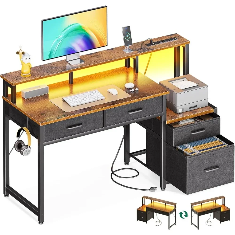 48-Inch Computer Desk with File Cabinet and Fabric Drawers, Reversible Office Desk with LED Strip and Power Strip