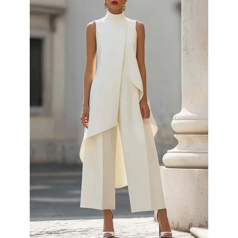 

Fashion High Collar Sleeveless Irregular Long Top Women Suit Spring New Loose Slimming Female Wide Leg 7-point Pants 2-piece Set