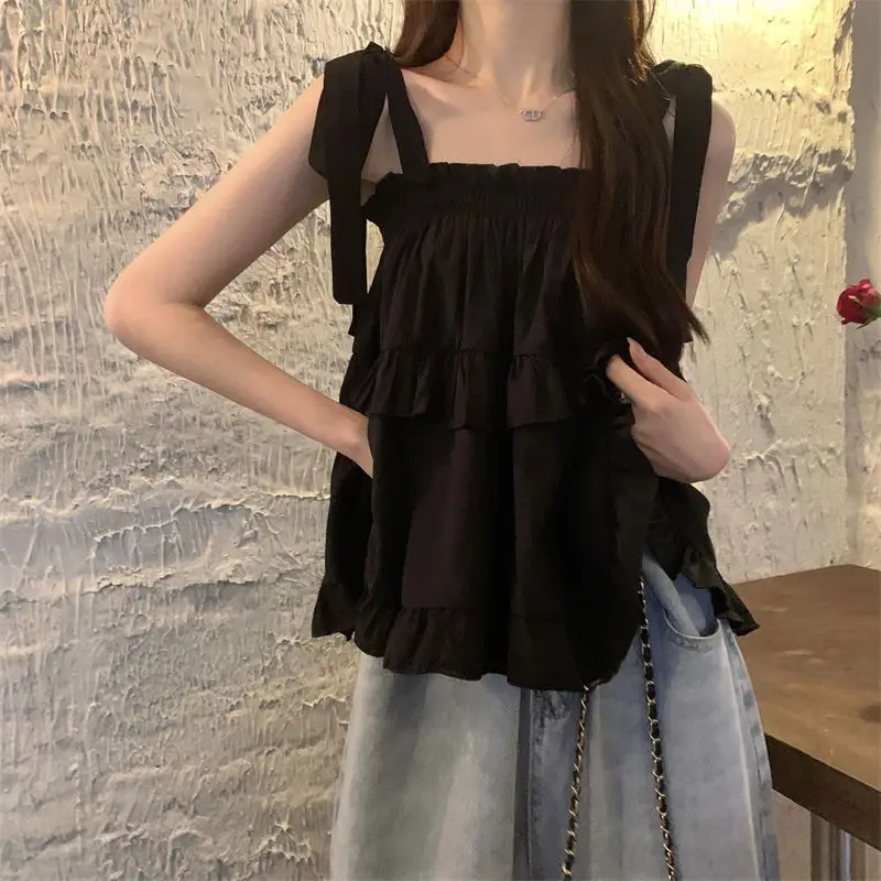 Women Summer Korean Fashion Loose Sleeveless Pleated Solid Color Appear Thin Camis Women Clothes Casual All-match Sweet Top Tee