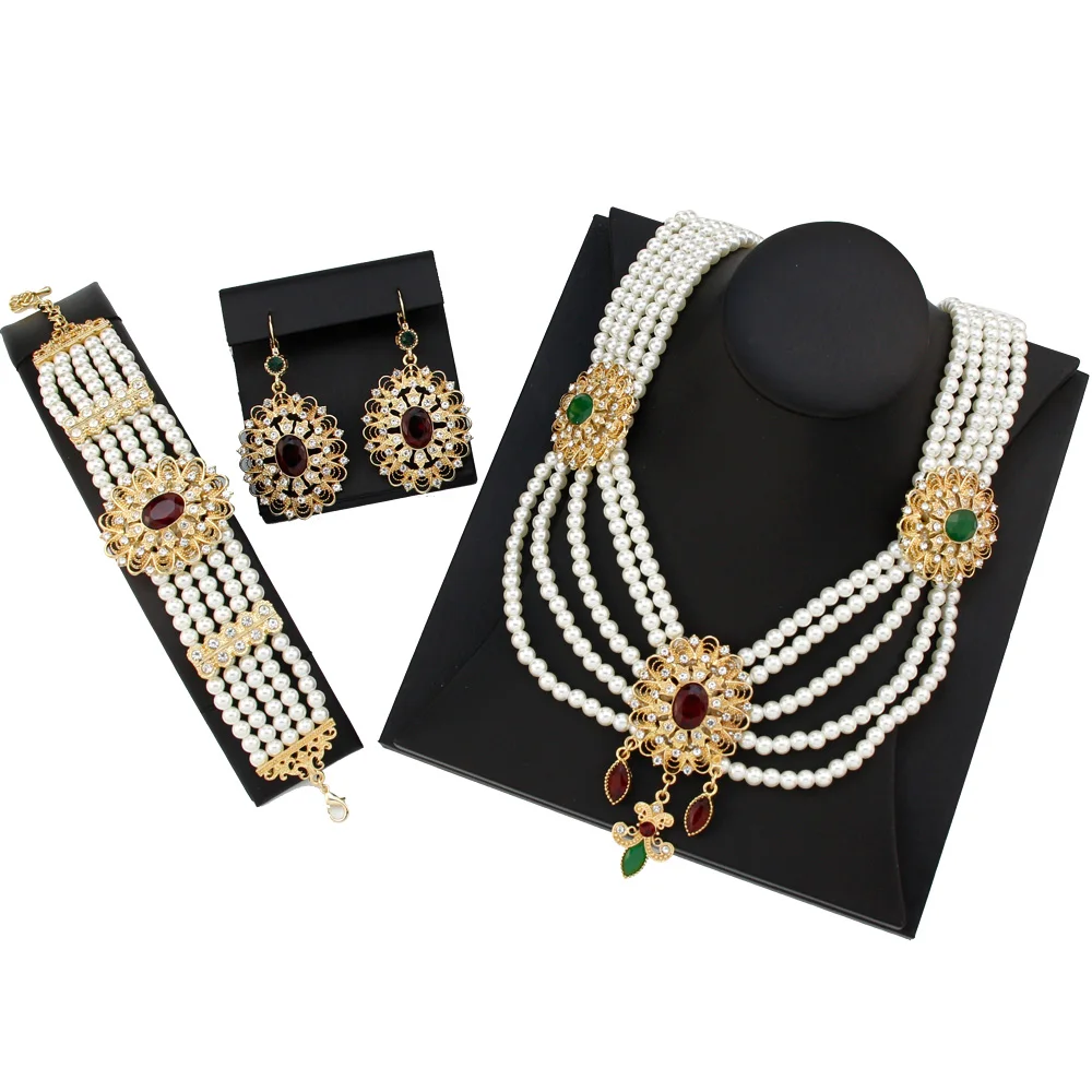 Gold Color Morocco Luxuriant Bride Wedding Jewelry Sets Pearl Beaded Necklace Earring Bracelet For Women