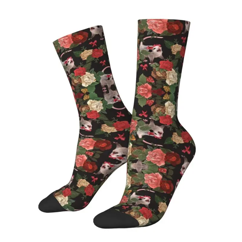 Opossum Floral Pattern Mens Crew Socks Unisex Cool 3D Printing Animal Possum Dress Socks