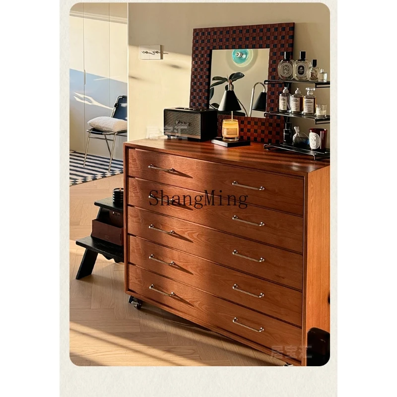FG Retro Five-Drawer Cabinet Solid Wood Simple Drawer Style TallCapacity Movable Side Cabinet Bedroom Bedside Cabinet