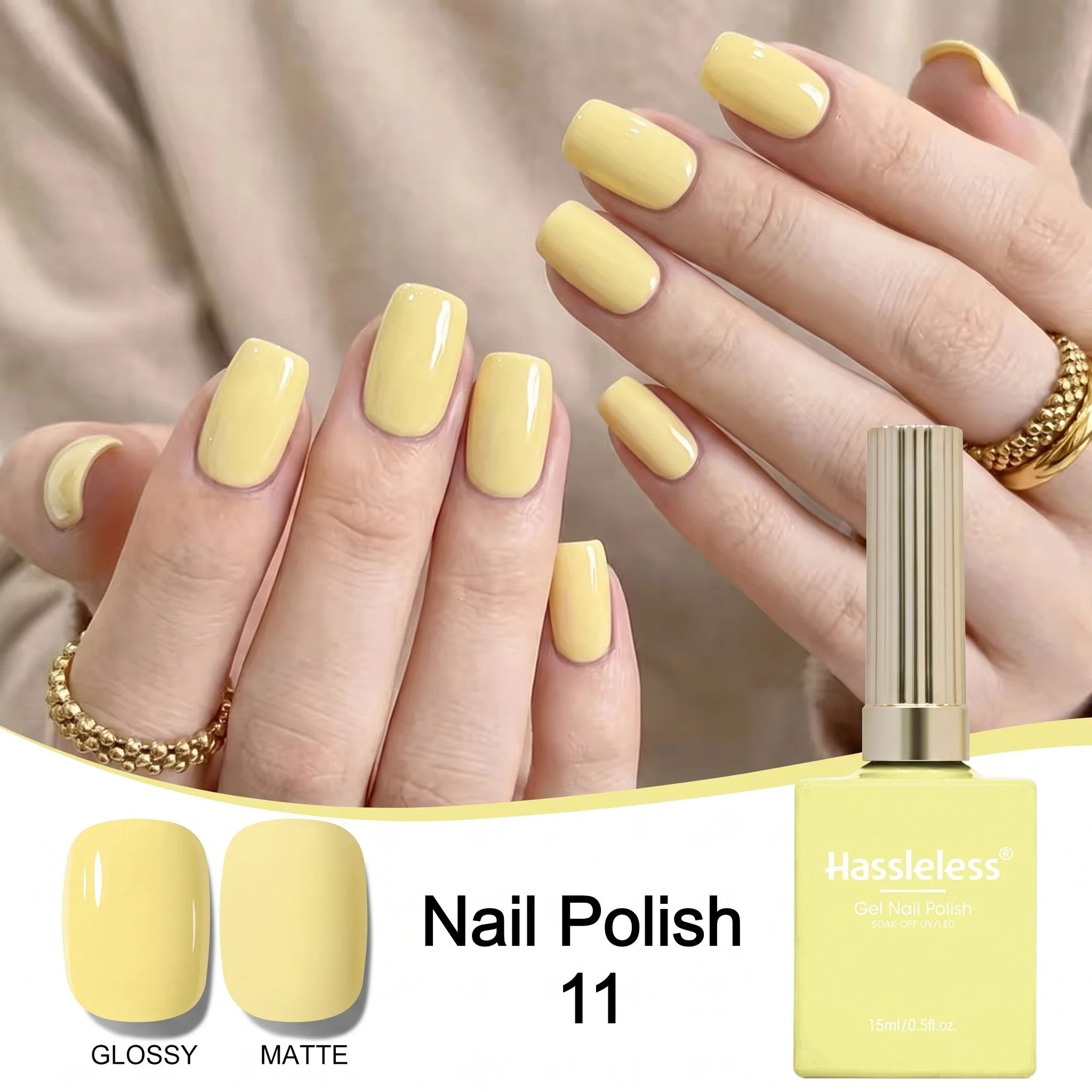 Hassleless Goose Yellow Removable Gel Polish is a soft, low-saturation milky goose yellow color with a smooth texture and excellent leveling properties. It is fresh, flattering, and youthful, creating a slender nail lo
