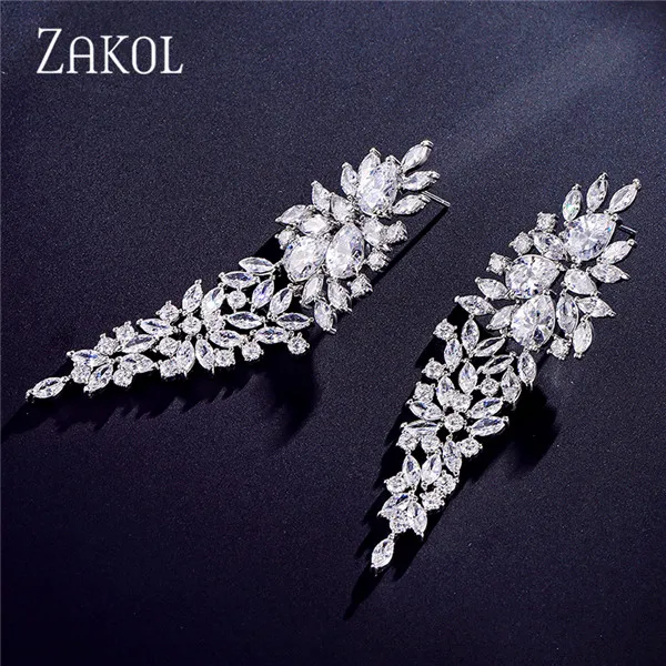 ZAKOL Vintage Luxury Teardrop Zircon Drop Earrings for Women Bling Leaf Crystal Earring Wedding Party Fashion Jewelry