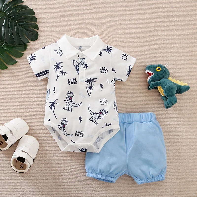 Newborn Clothes Cute Cartoon Dinosaur Comfortable Boy And Girl Summer Short Sleeved Baby Triangle Jumpsuit+Pants Two-Piece Set