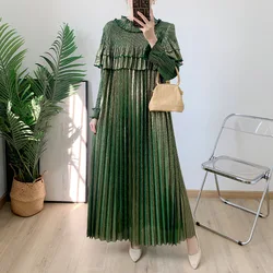 2025 Spring New Pleated Lace Dress Middle East Long Gold Silk Fabric Dress Foreign Style Women's Loose Clothing