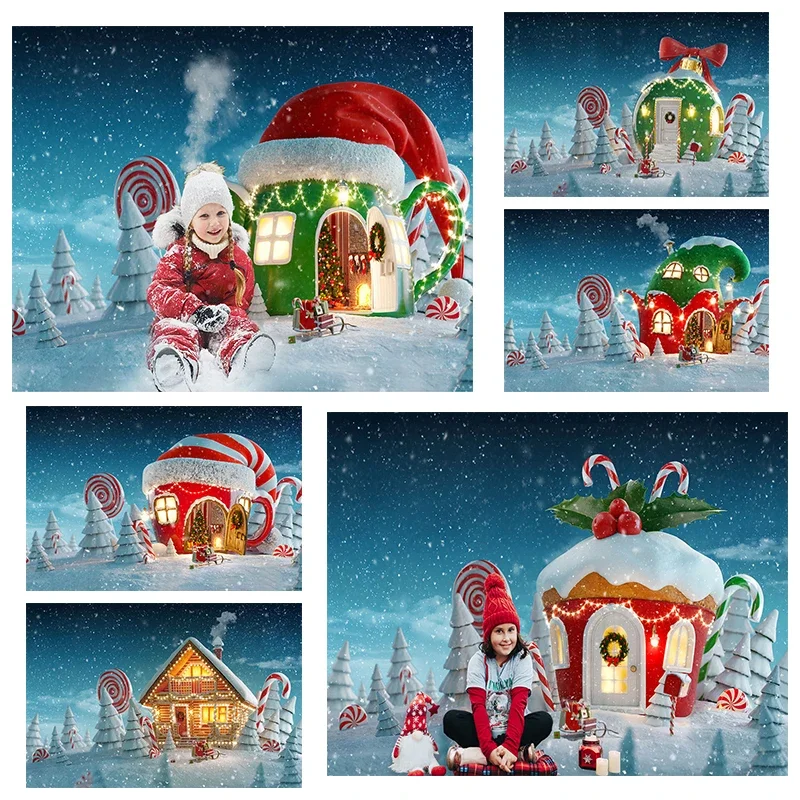 

Mocsicka Winter Christmas Fairy Tale House Decoration Photography Backdrop Xmas Tree Snow Kid Gift Photo Background Studio Props