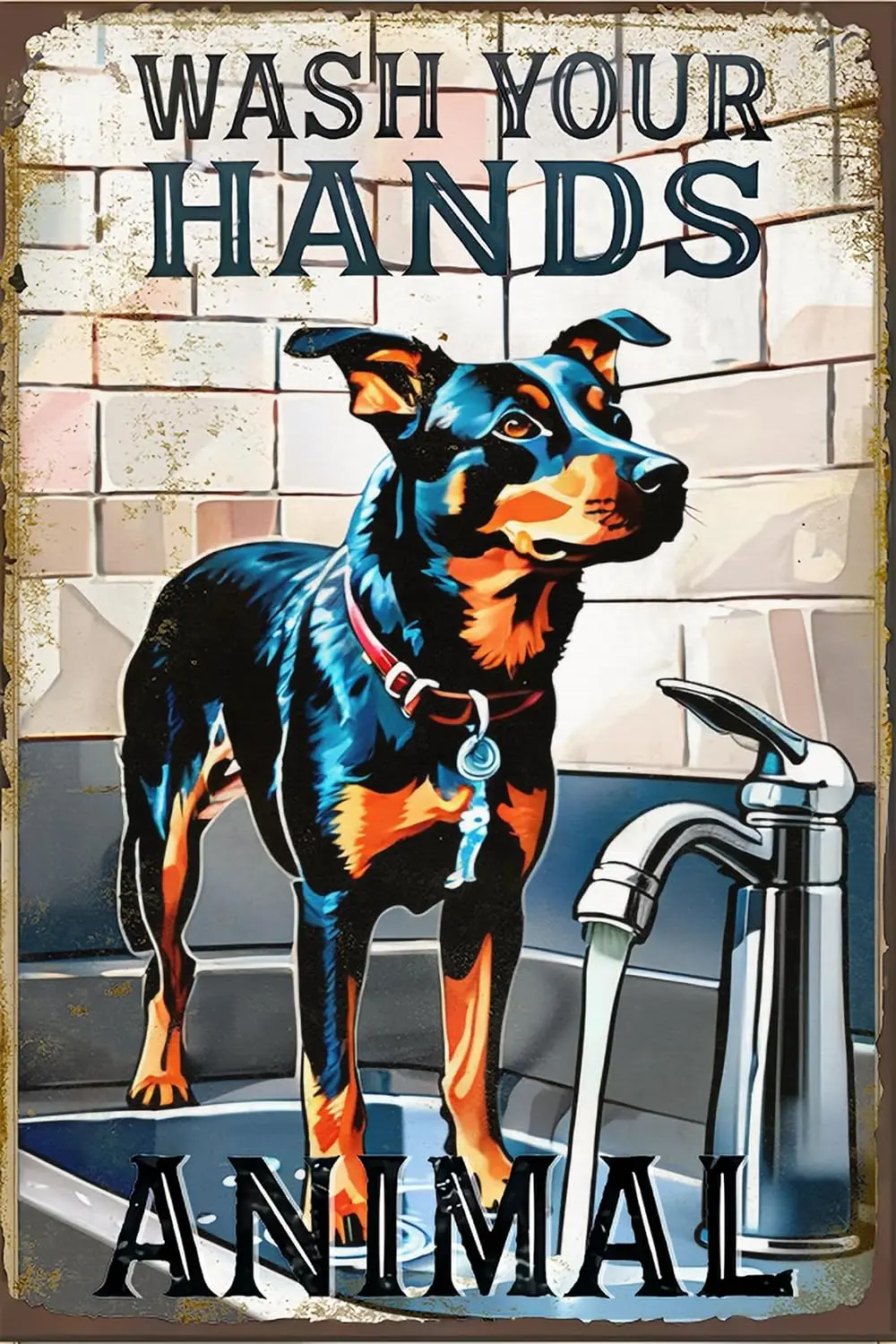 Beautiful Dog Wash Their Hands Metal Tin Sign Iron Painting for Adult,Animal Metal Tin Signs for Adults,Home Kitchen Bedroom Gar