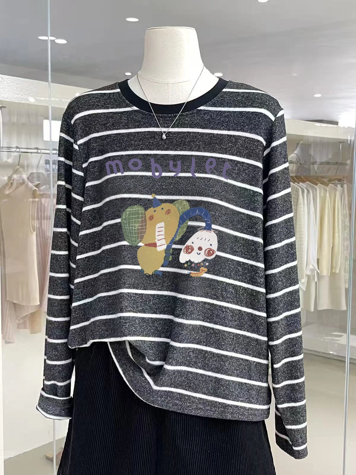 Retro Anti-Aging Lazy Style Cashmere Texture Striped Color Block Long Sleeve T-Shirt Autumn Winter New Comfortable Versatile ...