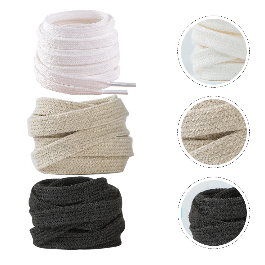 3 Pairs 100cm Pure Cotton Shoelaces Simple Flat Shoelaces Canvas Shoe Tie Lace for Sneaker Canvas Shoes Use (White+Black+Beige)