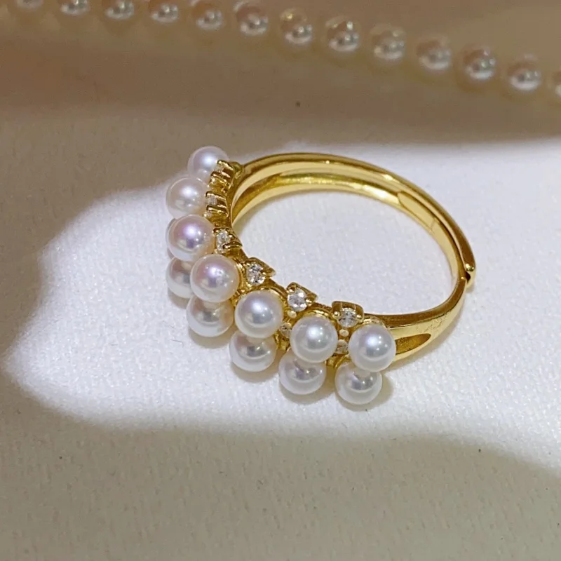 

SGARIT Golden Pearl Ring 925 Sterling Silver for Women Engagement Wedding Fine Jewelry Gifts Adjustable Size