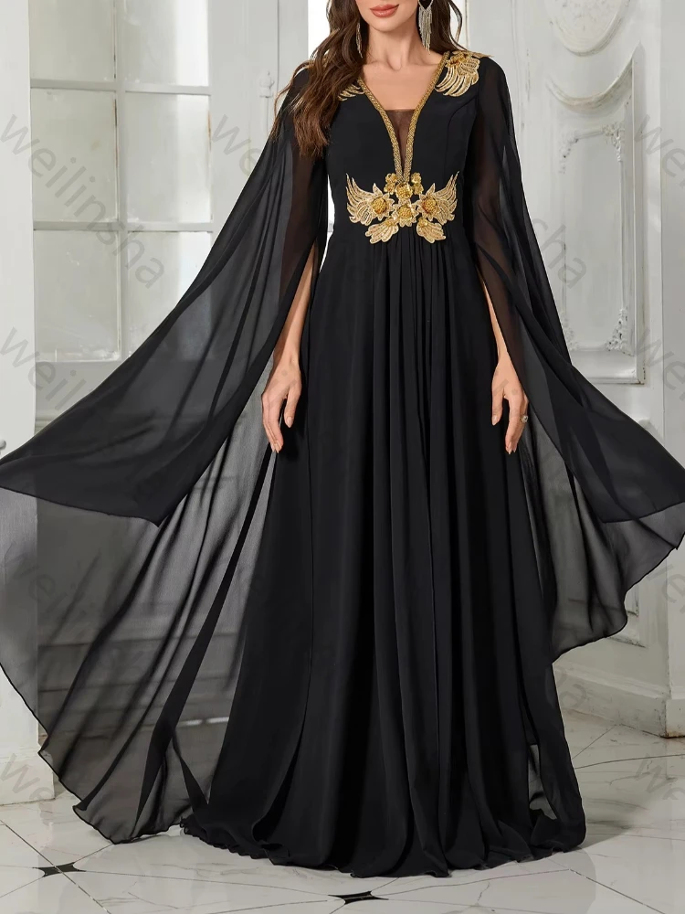 Maßgeschneiderte Abendkleider mit V-Ausschnitt und langen ausgestellten Ärmeln, elegantes Promi-Kleid, exquisite hochwertige Ballkleider für Damen