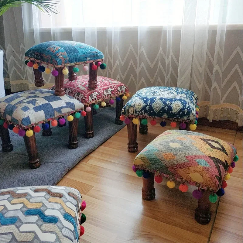 Bohemian Low Stool, Ethnic Style Wooden Bench, Nordic Small Sofa Seat, American Shoe Stool, Decorative Chair for Living Room