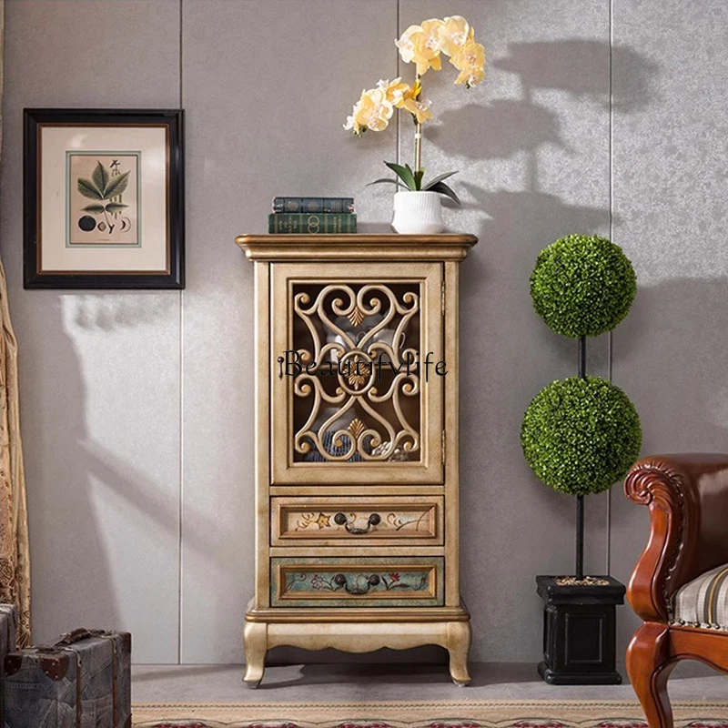 

3American retro painted hollow wine cabinet, champagne color European style old dining side storage display decorative cabinet