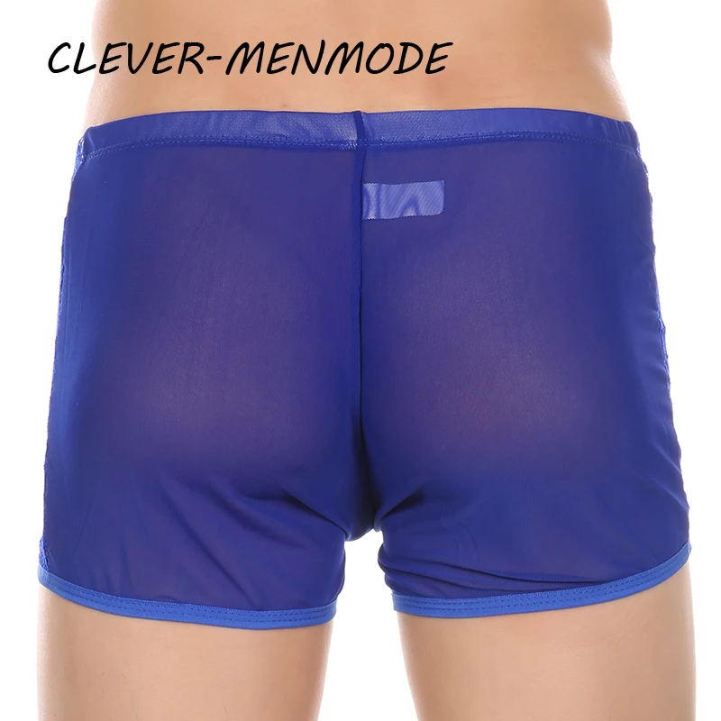 Men\'s Sexy Long Leg Lace Sheer Boxers Mini Shorts Breathable Thin Underwear Fine Mesh Comfortable Raised Pocket Panties