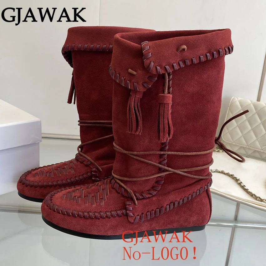 Cow Leather Lace Up Mid Calf Boots Woman Round Toe Casual Shoes For Woman Boots Cowboy Turn Over Flat Riding Boots Women 2025